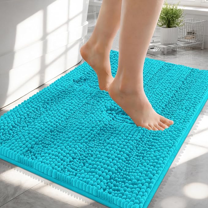 OLANLY Thick Small Bathroom Rugs 24x16, Extra Soft Absorbent Chenille Striped Bath Rugs, Rubber Backing, Machine Wash, Bath Mats for Bathroom Floor, Tub and Shower, Home Decor Accessories, Aqua Sky