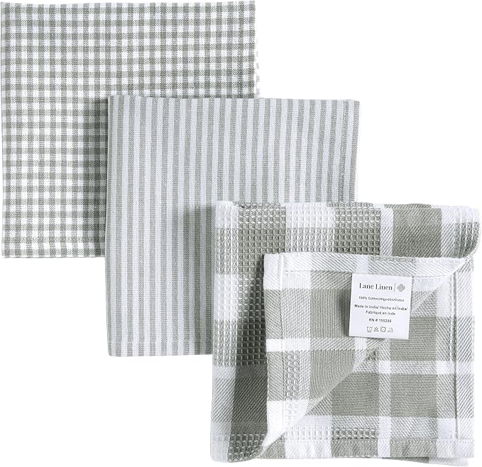 LANE LINEN 100% Cotton Kitchen Dish Cloths, Ultra Soft Absorbent Quick Drying Dish Towels, Multiweave Wash Cloths Dish Towel Sets, 12x12 Inches, 12 Pack - Grey