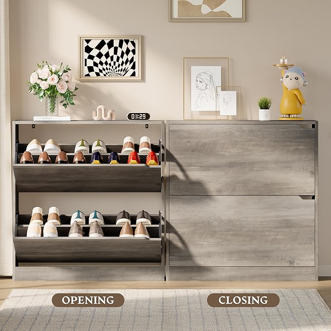 BORNOON Shoe Cabinet with 2 Flip Drawers, Slim Narrow Shoe Storage Cabinet, Freestanding Shoe Organizer with Adjustable & Removable Shelves, Top Display Shelf for Entryway, Hallway, Foyer, Closet