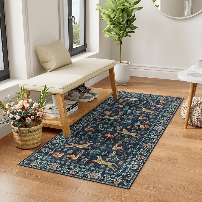 DUKINO 2x4 Rug for Hallway, Washable Kitchen Runner Rug with Non Slip Backing, Soft Low Pile Vintage Animal Runner for Bedroom, Kitchen, Hallway, Entryway, Laundry, Navy Blue