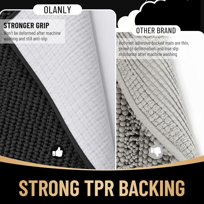 OLANLY Thick Bathroom Runner Rugs 47x24, Extra Soft Absorbent Chenille Bath Rugs, Rubber Backing, Machine Wash Dry, Long Bath Mats for Bathroom Floor, Tub and Shower, Home Decor Accessories, Black