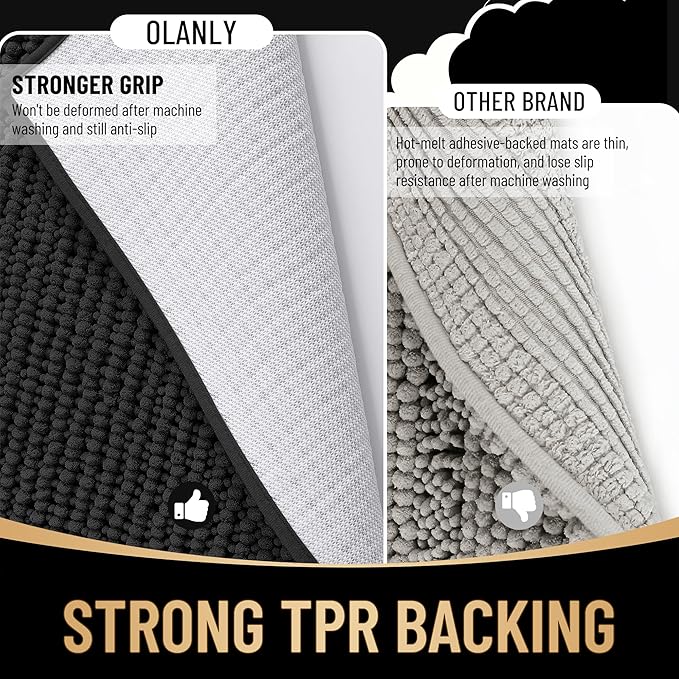 OLANLY Thick Bathroom Runner Rugs 59x20, Extra Soft Absorbent Chenille Bath Rugs, Rubber Backing, Machine Wash Dry, Long Bath Mats for Bathroom Floor, Tub and Shower, Home Decor Accessories, Black