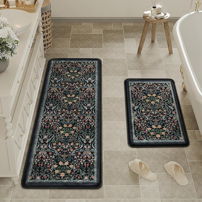 PureCozy Kitchen Mats for Floor 2PCS Anti Fatigue Cushioned Mat Non Slip Comfort Kitchen Rugs Vintage Floral Waterproof Standing Dark Blue Mat for Sink Laundry Office Desk 17.3"x47"+17.3"x30"