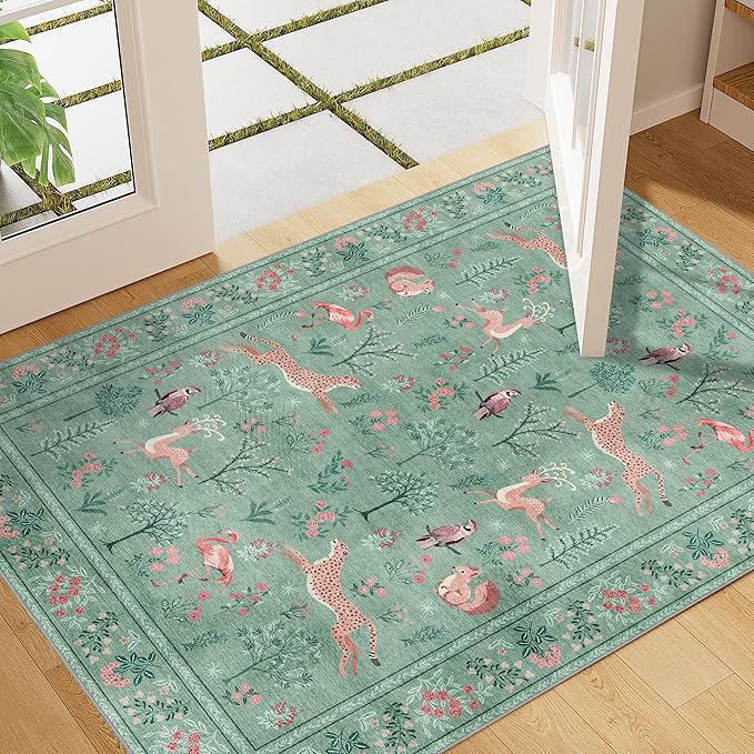 DUKINO 2x3 Rug, Washable Animal Rugs for Entryway, Non Slip Indoor Door Mat, Soft Low Pile Small Area Carpet for Entrance, Bedroom, Kitchen, Laundry, Bathroom, Teal