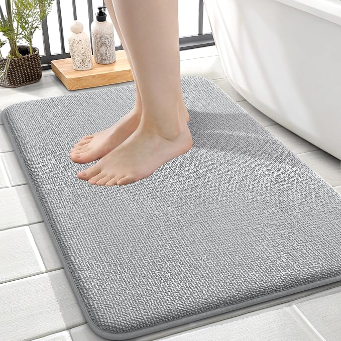 OLANLY Thick Memory Foam Small Bathroom Rugs 24x16, Extra Soft Absorbent Bath Rug, Quick Dry Bath Mats, Non-Slip, Machine Washable Mat for Bathroom, Tub and Shower, Home Decor Accessories, Light Grey