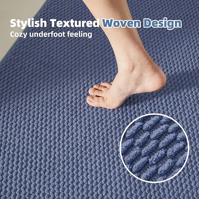 TYUU Bathroom Rugs Non Slip Washable, Super Absorbent Thin Bath Mat Quick Dry Low Pile Bathroom Rug, Denim Blue 24"x47"
