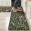 Black Green Botanical Kitchen Rugs Set of 2 Plant Leaf Anti-Fatigue Kitchen Mat Natural Comfort Standing Waterproof PVC Mats 2/5" Thick Leather Carpet for Laundry Office Sink(17.3" x28" + 17.3" x 59")