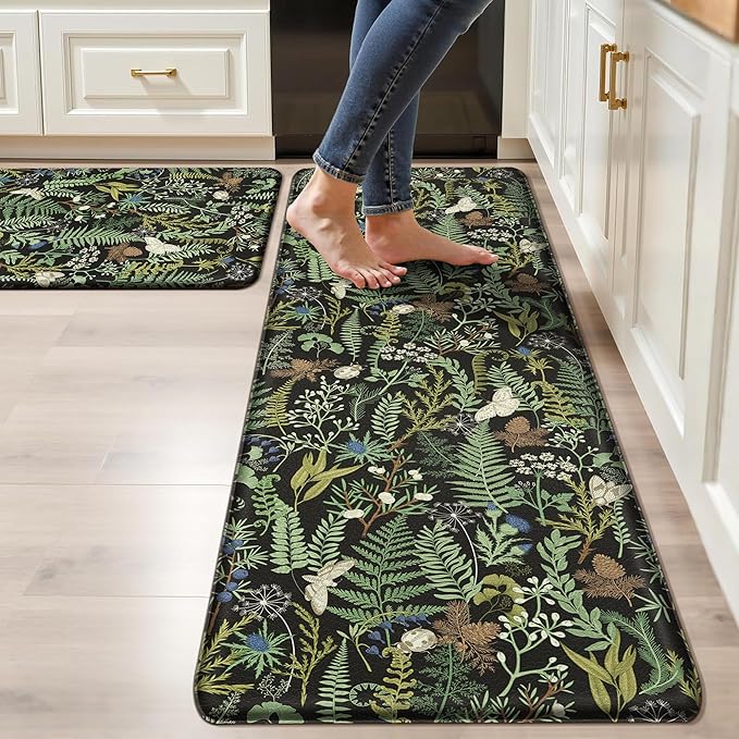 Black Green Botanical Kitchen Rugs Set of 2 Plant Leaf Anti-Fatigue Kitchen Mat Natural Comfort Standing Waterproof PVC Mats 2/5" Thick Leather Carpet for Laundry Office Sink(17.3" x28" + 17.3" x 59")
