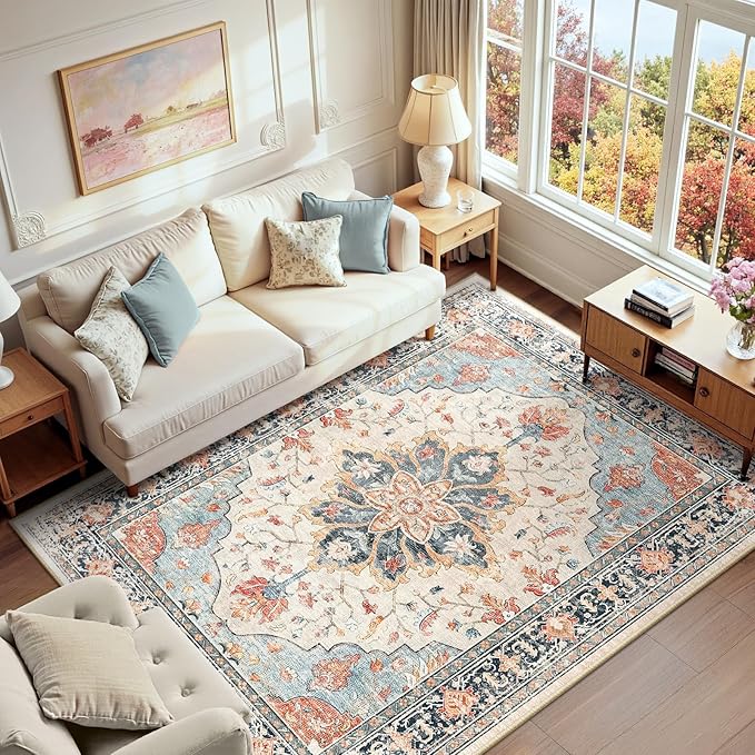 RELEANY Area Rugs 6'x9' Washable Non-Slip, Floral Vintage Distress Medallion Carpet for Living Room Bedroom Dining Room, Beige Navy Blue Orange Colorful