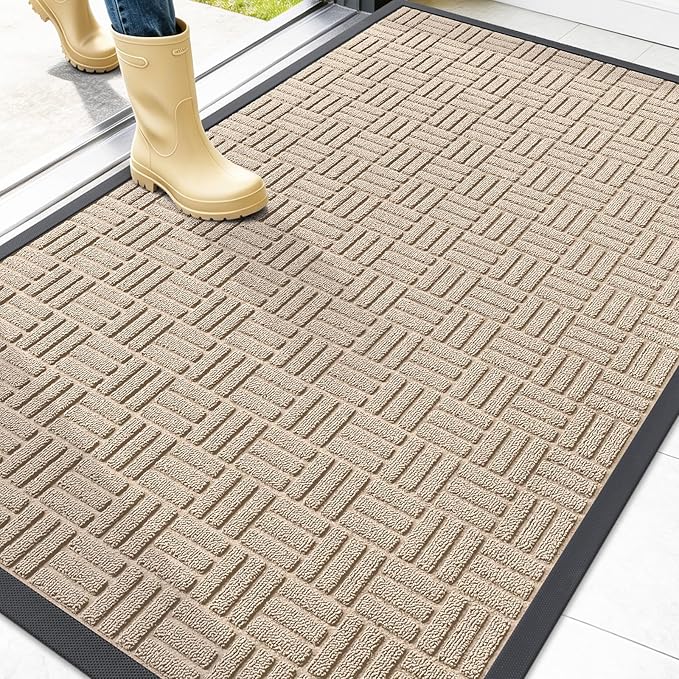 OLANLY Front Door Mat Outside Entrance 47x32, Absorbent, Heavy Duty Sturdy Natural Rubber Doormat Indoor Outdoor, Non-Slip, Stain and Fade Resistant, Low Profile Floor Mat for Entryway, Latte White
