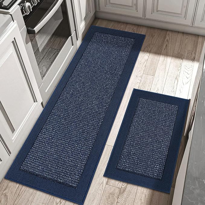 BEQHAUSE Kitchen Rugs and Mats Set of 2 Non-Slip Kitchen Mats for Floor, Absorbent and Stain Resistant Kitchen Runner, Machine Washable Rugs for Kitchen, Laundry & Sink, 20"x32"+20"x48", Blue