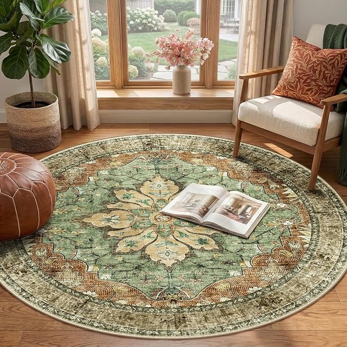 RELEANY Area Rugs Round 4ft Washable Non-Slip, Floral Vintage Distress Medallion Carpet for Living Room Bedroom Dining Room, Terracotta Burnt Orange Green