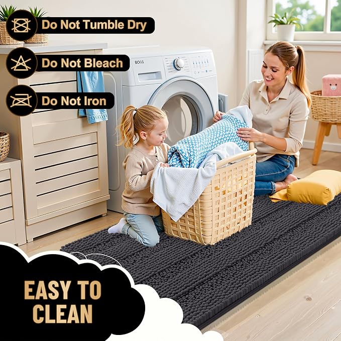 OLANLY Thick Large Bathroom Rugs 45x27, Extra Soft Absorbent Chenille Striped Bath Rugs, Rubber Backing, Machine Wash, Bath Mats for Bathroom Floor, Tub and Shower, Home Decor Accessories, Dark Grey