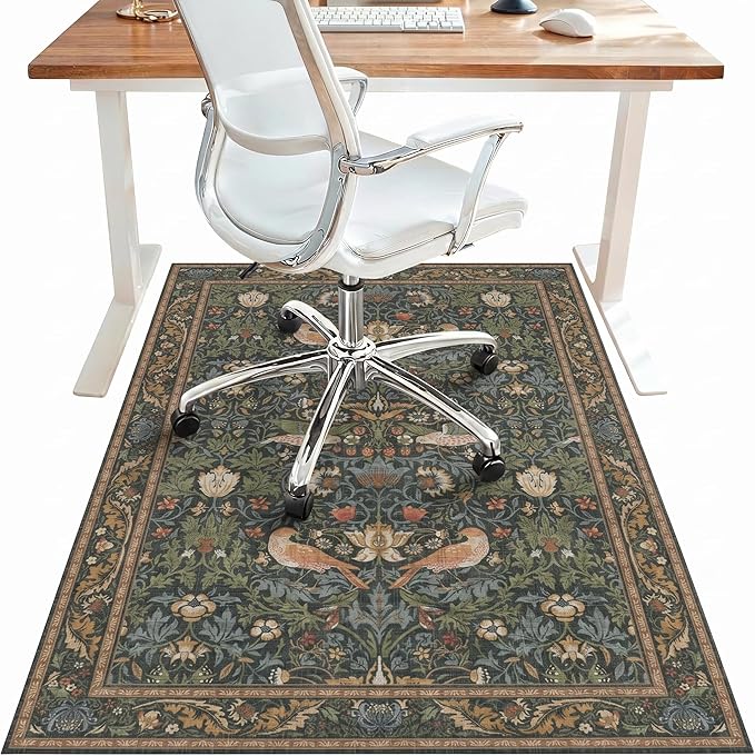 48"x72" Office Chair Mat for Hardwood Tile Floor, Under Desk Carpet Protector for Rolling Computer Chair Mat, Machine Washable Area Rug, Anti-Slip 1/5" Thick Low Pile Thin Vinyl Floor Mat, Deep Green