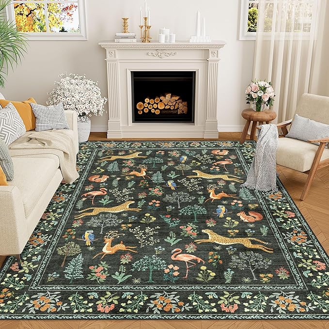 DUKINO 9x12 Rug, Washable Animal Living Room Rug with Non Slip Vintage Design, Soft Low Pile Large Carpet for Bedroom, Nursery, Dining Room, Farmhouse, Playroom, Black