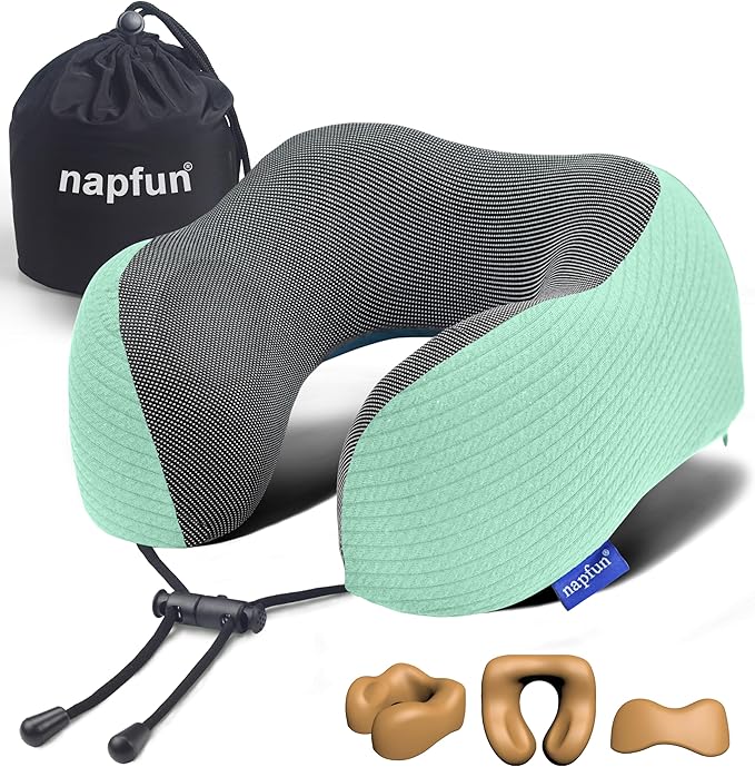 napfun Neck Pillow for Traveling, Upgraded Travel Neck Pillow for Airplane 100% Pure Memory Foam Travel Pillow for Flight Headrest Sleep, Portable Plane Accessories, Turquoise