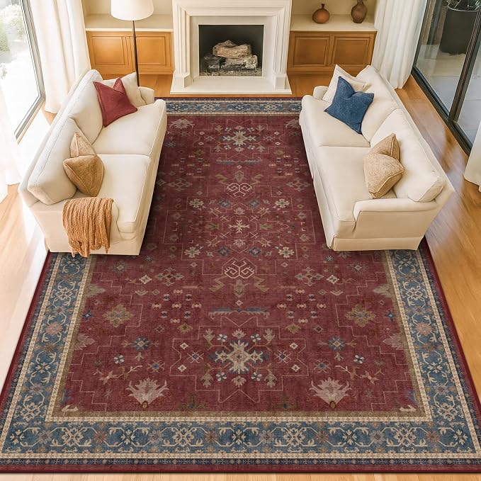 Hazo Haus Oriental 8x12 Large Area Rugs for Living Room - Burgundy Rug for Bedroom Under Bed, Dining Room Under Kitchen Table, Washable Soft Non Slip Unique Indoor Décor