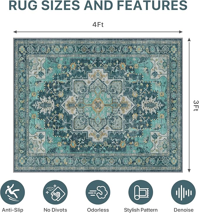 36"x48" Office Chair Mat for Hardwood Tile Floor, Under Desk Carpet Protector for Rolling Computer Chair Mat, Machine Washable Area Rug, Anti-Slip 1/5" Thick Low Pile Thin Vinyl Floor Mat, Turquoise
