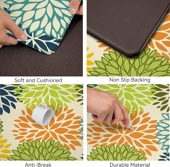 Kitchen Mats Set of 2 Cushioned Anti Fatigue Kitchen Rugs Mats Non Slip Waterproof Kitchen Runner Memory Foam Floor Mat Comfort Standing Mat for Sink,Office,Laundry, Multi Green