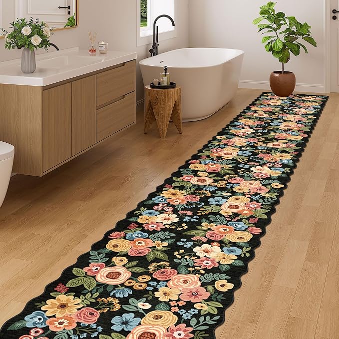 DUKINO 2x14 Hallway Runner Rug, Non Slip Floral Washable Runner Rug for Kitchen, Boho Low Pile Thin Indoor Long Carpet for Hallways, Entryway, Bathroom, Kitchen, Bedroom, Black
