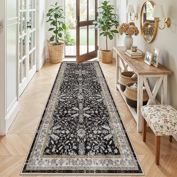 3x8 Hallway Runner Rug Washable Non-Slip – Boho Floral Soft Wide Carpet Runner for Kitchen Entryway Bathroom Bedroom – Low-Pile Thin Floor Mat with Rubber Backing (Black,3x8)
