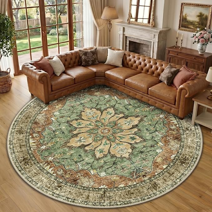 RELEANY Area Rugs Round 10ft Washable Non-Slip, Floral Vintage Distress Medallion Carpet for Living Room Bedroom Dining Room, Terracotta Burnt Orange Green