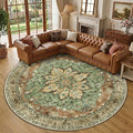 RELEANY Area Rugs Round 10ft Washable Non-Slip, Floral Vintage Distress Medallion Carpet for Living Room Bedroom Dining Room, Terracotta Burnt Orange Green