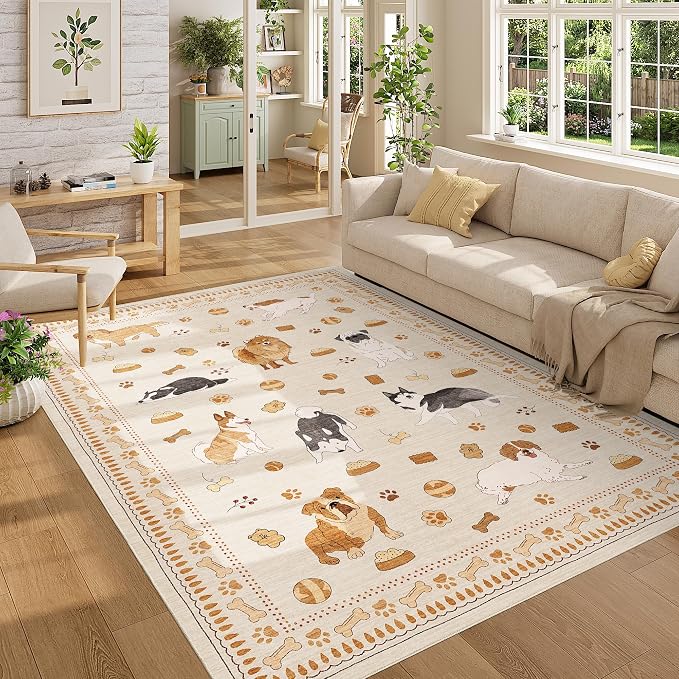 DUKINO 5x7 Rug for Living Room, Lightweight Animal Dog Print Washable Area Rug, Non Slip & Low Pile Floor Mat, Stain Resistant Carpet for Bedroom, Nursery, Dining Room, Kids Playroom, Beige Yellow