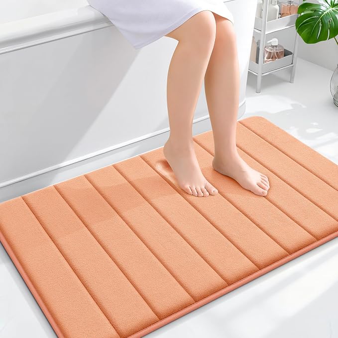OLANLY Memory Foam Bath Mat 40x24, Super Soft Absorbent Bathroom Rugs, Quick Dry, Machine Washable Shower Floor Rugs, Bathmat Carpet, Bathroom Home Decor Accessories, Peach