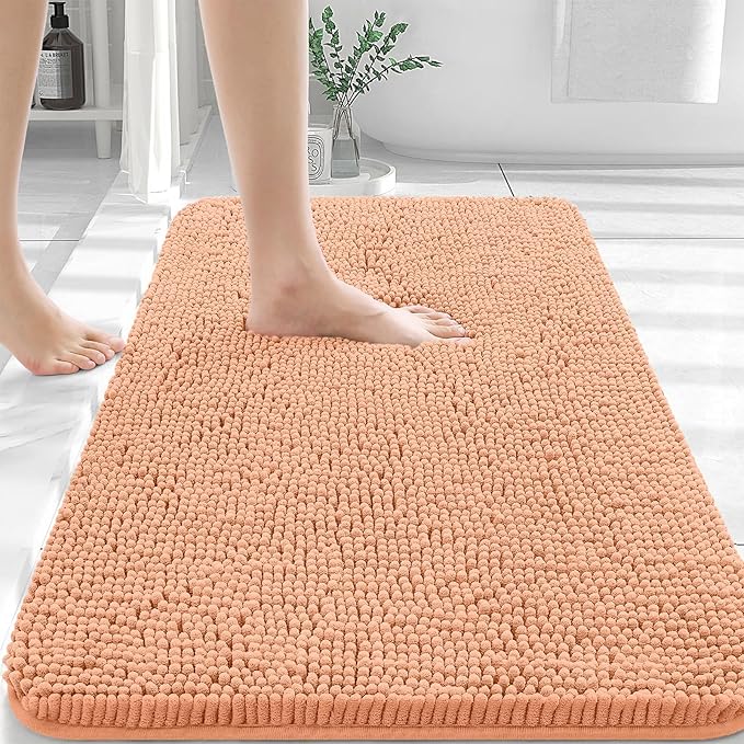 OLANLY Large Bathroom Rugs 40x24, Extra Soft Absorbent Chenille Bath Rugs, Rubber Backing Quick Dry, Machine Washable Bath Mats for Bathroom Floor, Tub and Shower, Home Decor Accessories, Peach