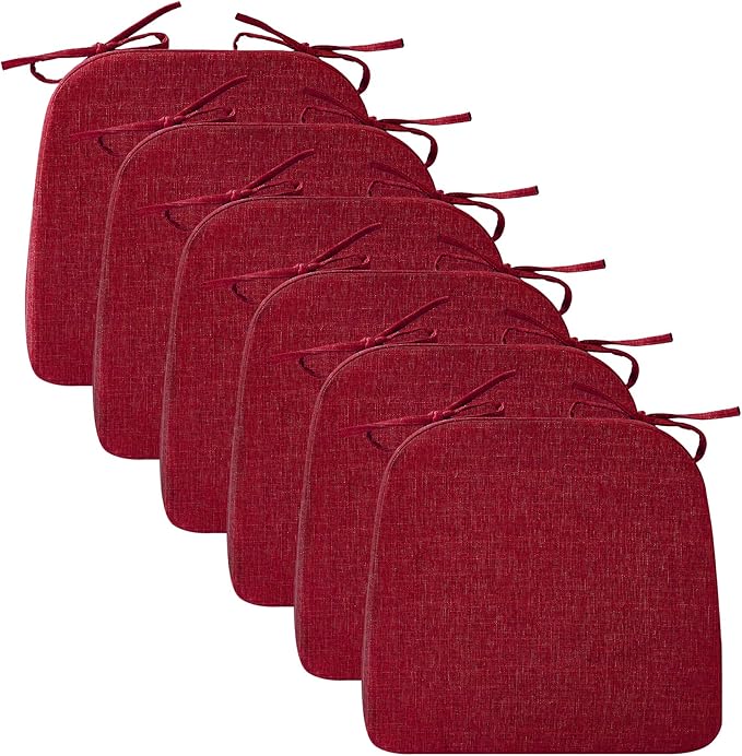 Ruqmuis Chair Cushions for Dining Chairs, 2" Thick Seat Cushions for Kitchen Chairs, D-Shaped Chair Pads with Washable Cover, Ties and Non Slip Backing, 17'' x 16'', Set of 6, Red