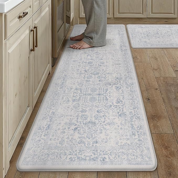 PureCozy Kitchen Mats 2PCS Anti Fatigue Cushioned Mat Light Blue Vintage Kitchen Mats for Floor Waterproof Non Slip Comfort Standing Retro Floral Rug for Sink Laundry Office 17.3"x59"+17.3"x30"