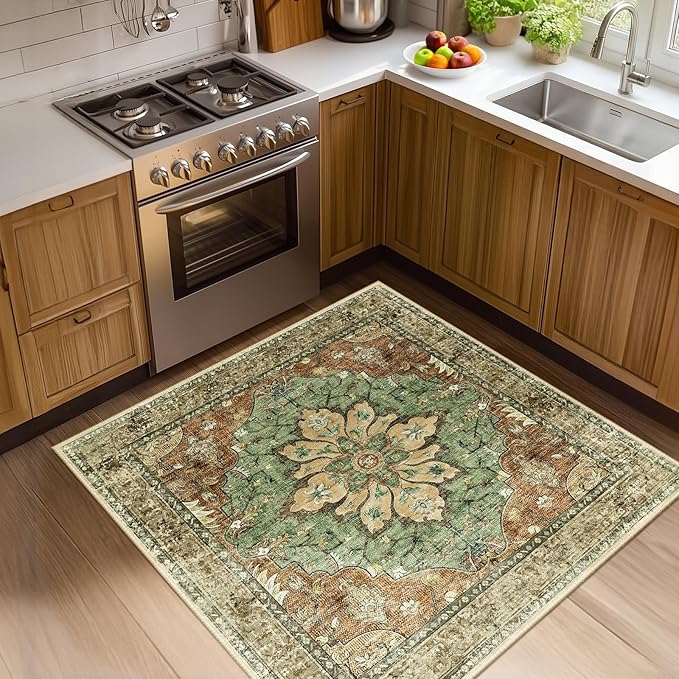 RELEANY Area Rugs Square 4ft Washable Non-Slip, Floral Vintage Distress Medallion Carpet for Living Room Bedroom Dining Room, Terracotta Burnt Orange Green