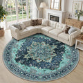 RELEANY Area Rugs Round 10ft Washable Non-Slip, Floral Vintage Distress Medallion Carpet for Living Room Bedroom Dining Room, Teal Green Lake Blue Turquoise
