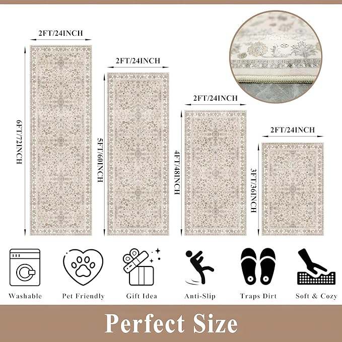 4-Piece Kitchen Rug Set with Runner – Washable Non-Slip Floor Mats for Sink, Entryway, Hallway, Bathroom – Soft Low-Pile Thin Boho Floral Rugs,Kitchen Decor (Beige, 2x3+2x4+2x5+2x6)