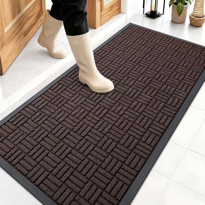 OLANLY Front Door Mat Outside Entrance 47x23, Absorbent, Heavy Duty Sturdy Natural Rubber Doormat Indoor Outdoor, Stain and Fade Resistant, Non-Slip Backing Low Profile Floor Mat for Entryway, Brown