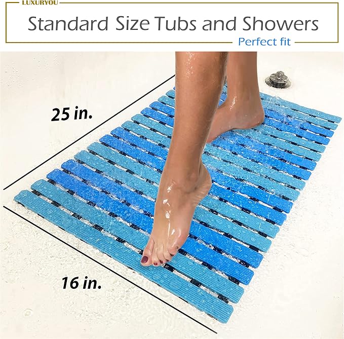 Non Slip Bathtub Mat | Double-Layered Shower Floor Mat with Suction Cups | EZ-Dry Construction | Non-Toxic, BPA, Latex, Phthalate, PVC Free (Wave)