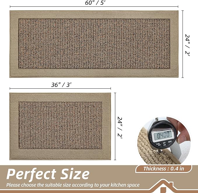 BEQHAUSE Kitchen Rugs and Mats Set of 2 Non-Slip Kitchen Mats for Floor, Absorbent and Stain Resistant Kitchen Runner, Machine Washable Rugs for Kitchen, Laundry & Sink, 24"x36"+24"x60", Taupe