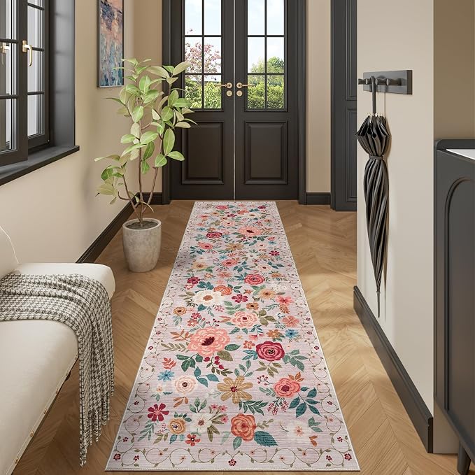 DUKINO 2.6x12 Kitchen Runner Rug, Lightweight Floral Washable Rug for Hallway, Boho Low Pile & Non Slip Backing Soft Floor Carpet for Entryway, Bedroom, Bathroom, Laundry, Beige
