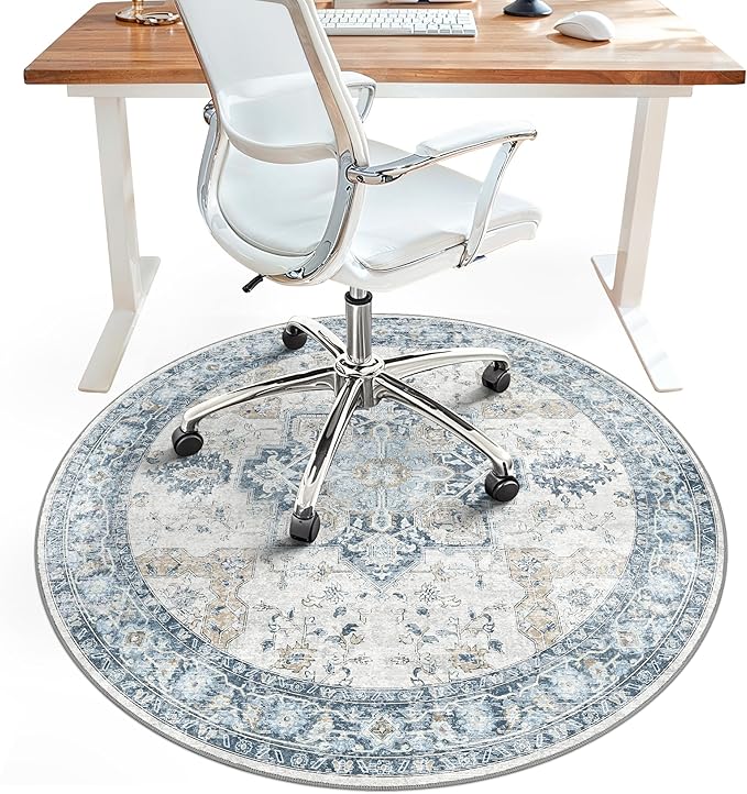 48"x48" Office Chair Mat for Hardwood Tile Floor, Under Desk Carpet Protector for Rolling Computer Chair Mat, Machine Washable Round Area Rug, Anti-Slip 1/5" Thick Low Pile Thin Floor Mat, Blue