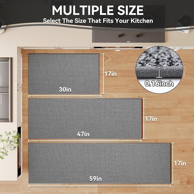 Kitchen Rugs and Mat Non Slip Washable, Super Absorbent Kitchen Mats for Floor, Rubber Backing Soft Braided Standing Kitchen Sink Mat Kitchen Runner, Front of Sink, Easy Clean, Grey 17"x30"