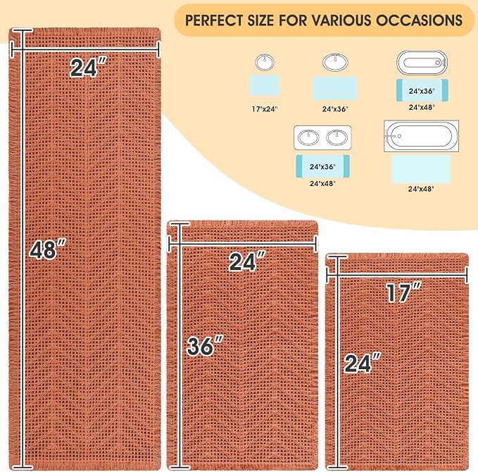 Upgrade Waffle Bath Mat Set 3 Piece, Boho Bathroom Rugs Absorbent Non Slip, Soft Bathroom Mats, Machine Washable Knit Bath Rugs with Herringbones for Bathroom, Bedroom, Kitchen, Shower, Burnt Orange
