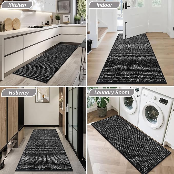 BEQHAUSE Dirt Trapper Door Mat 20" x 48", Non-Slip Washable Doormats Entrance Mat, Dirt Resistant and Absorbent Welcome Mat, Low Profile Floor Mats for Front Back Door and Entryway, Black