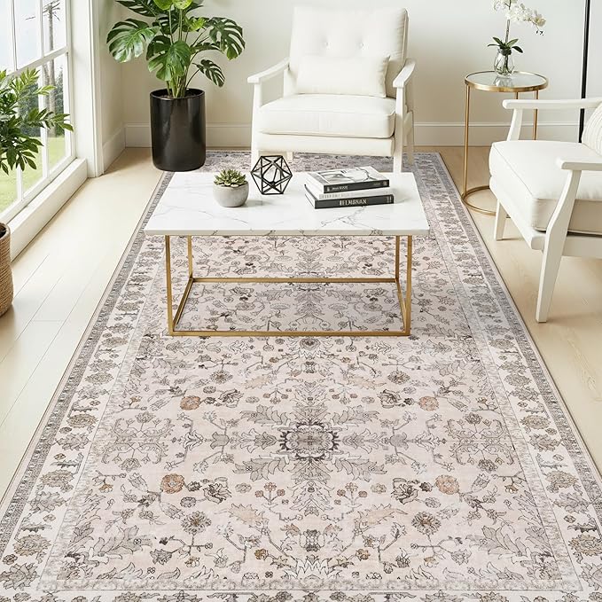4x8 Rug Washable for Entryway Kitchen – Non-Slip Rubber Backed Area Rug for Hallway Bedroom Living Room Office,Boho Floral Low Pile Thin Floor Indoor Mat (Beige,4x8)