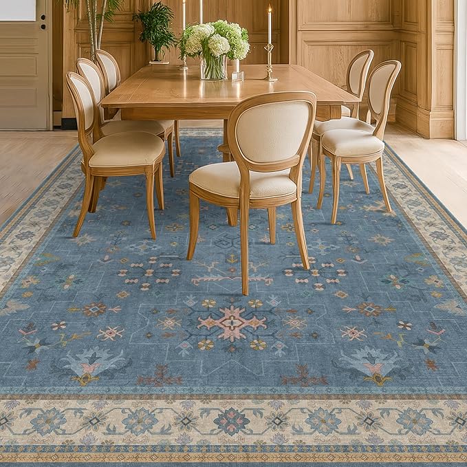 Hazo Haus Boho 8x12 Large Area Rugs for Living Room - Eclectic Dusky Blue Rug for Bedroom Under Bed, Dining Room Under Kitchen Table, Washable Soft Non Slip Unique Colorful Indoor Décor