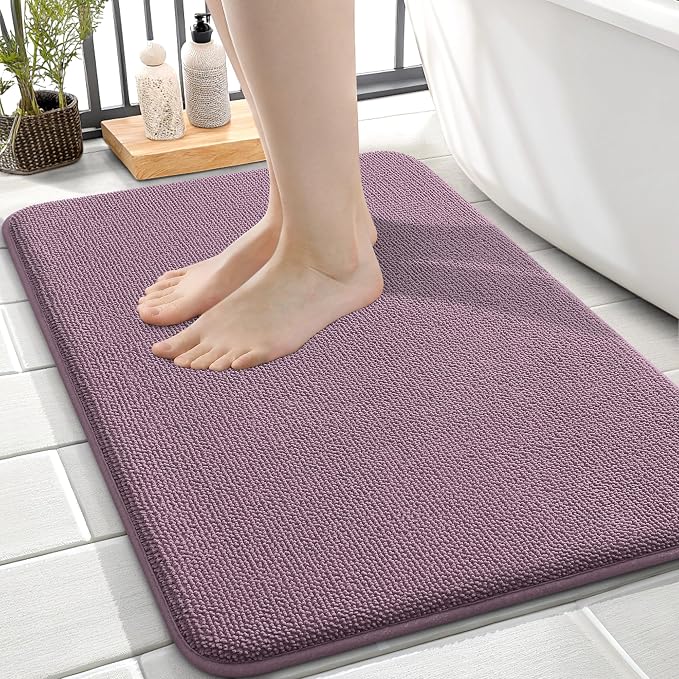 OLANLY Thick Memory Foam Small Bathroom Rugs 24x16, Extra Soft Absorbent Bath Rug, Quick Dry Bath Mat, Non-Slip, Machine Washable Carpet for Bathroom, Tub and Shower, Home Decor Accessories, Deep Plum