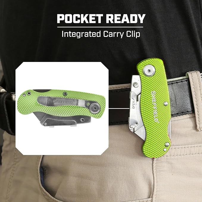 Sheffield Folding Utility Knife, Accepts Standard Utility Knife Blades, Box Cutter Aluminum Handle, Razor Blades Included, For Home, Office, Trades, and Warehouse