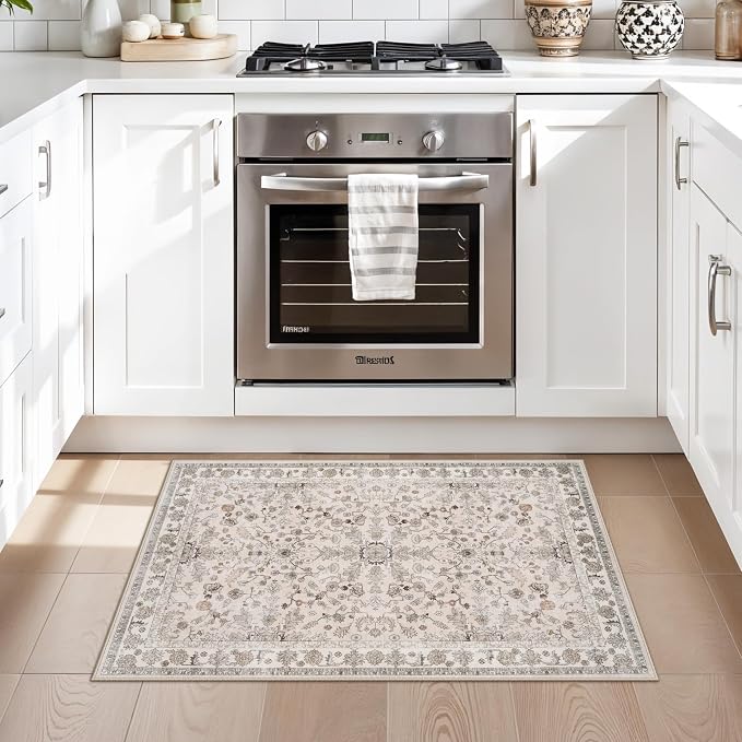 2x3 Non-Slip Washable Kitchen Rug – Boho Small Accent Rug for Sink & Entryway, Soft Low Pile Thin Carpet for Pet Area & Bathroom, Indoor Door Mat (Beige,2x3)