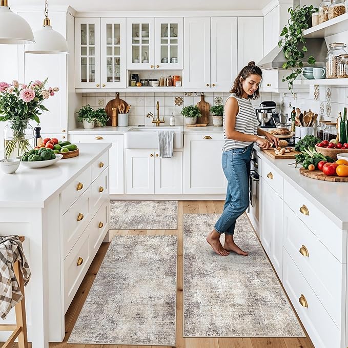 Kitchen Mats for Floor 3 Piece Set,Non-Slip Washable Kitchen Mats for Hardwood Floor, Boho Farmhouse Runner Rug for Sink,Entryway & Hallway & Bathroom (Brown Grey Beige, 2x3+2x4+2x5)