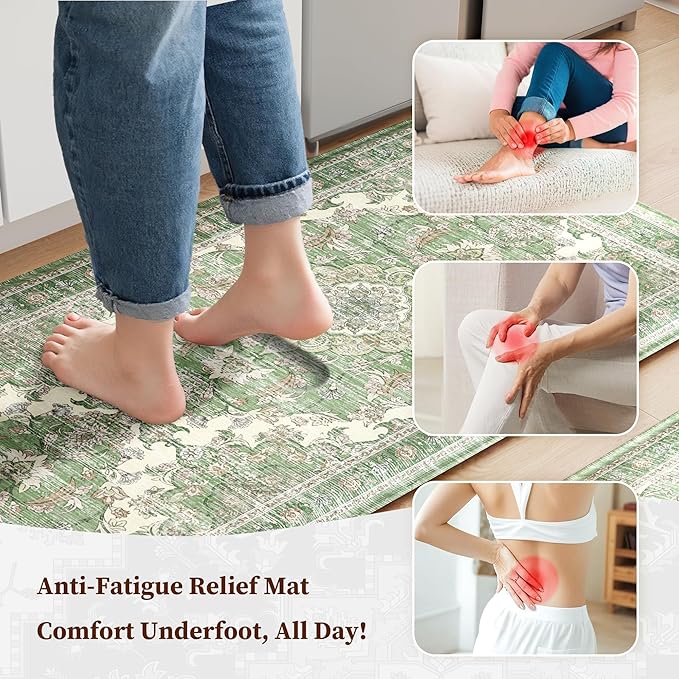 Boho Kitchen Mats for Floor 2 Piece Set Anti Fatigue Cushioned PVC Kitchen Rugs Non Slip Waterproof Farmhouse Mats 2/5 Inch Comfort Standing Mat for Sink, Laundry, 17.3"x59"+17.3"x28", Spring Green